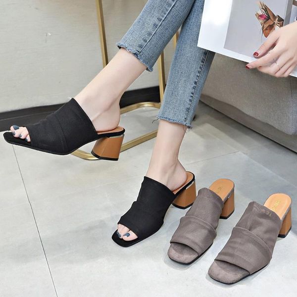 

женская дамы квадратный каблук peep toe причинная обувь тапочки сандалии, Black