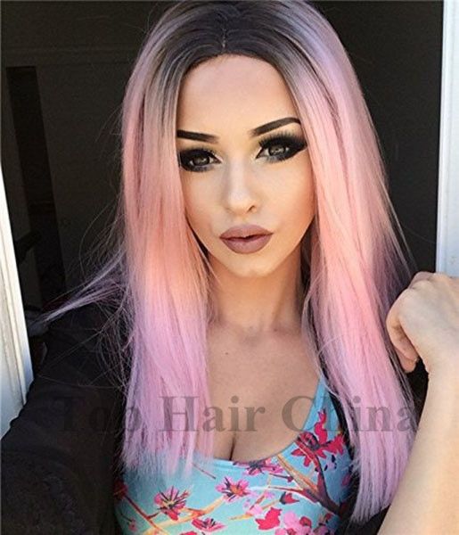 

hair china fashion ombre pink wig kylie jenner 14inch synthetic wigs glueless wavy black root/pink heat resistant hair women wigs