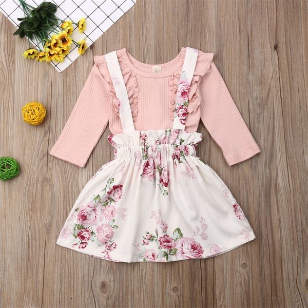 

2pcs kids infant baby girl floral dress clothes ruffle skirt outfits set, White