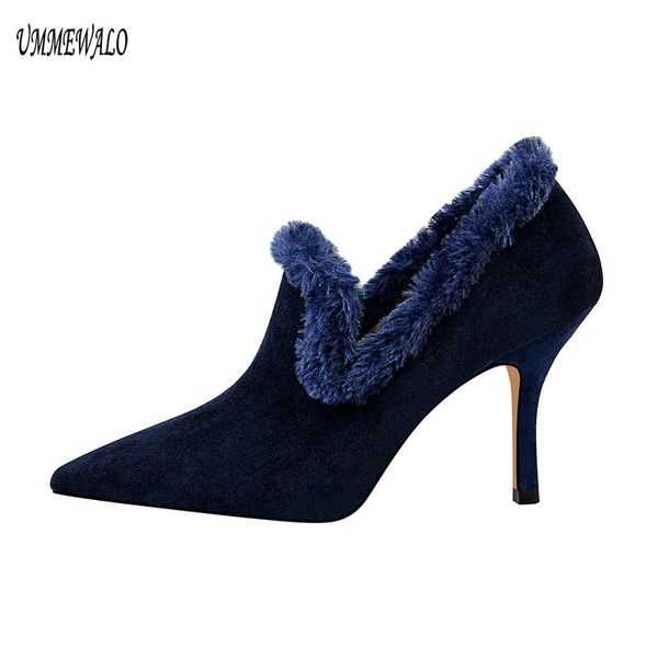 

ummewalo pointed toe flock high heels shoes women autumn winter faux fur pumps ladies shoes y200702, Black
