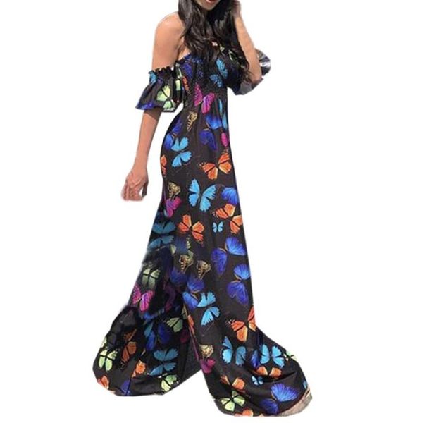 

women butterfly printed off the shoulder party clubwear jumpsuit woman romper, Black;white