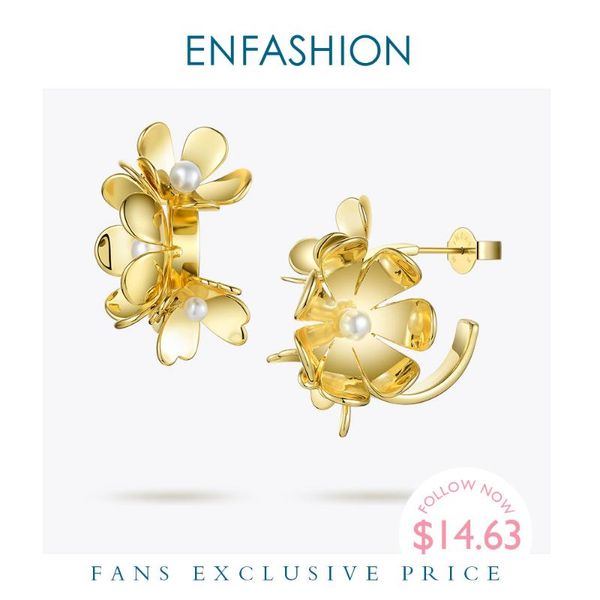 

enfashion flower petal pearl hoop earrings for women gold color cute small circle hoops earings fashion jewelry pendientes e1104, Golden;silver