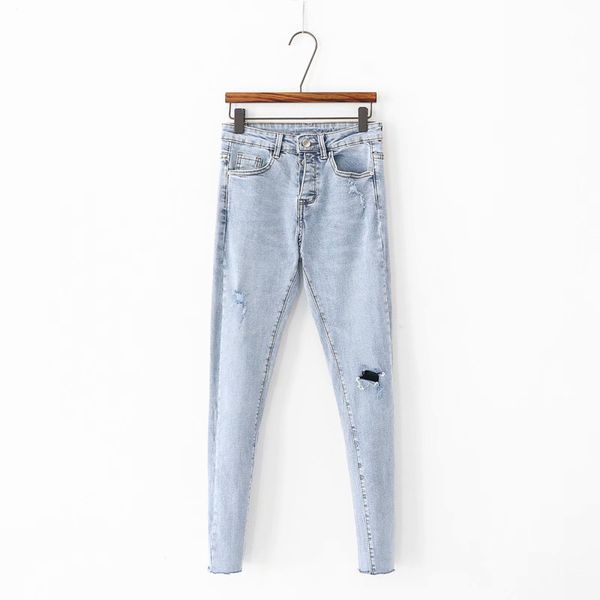 

sf1062b-671-western style women's dress with holes elasticity tight cowboy skinny pants, Blue