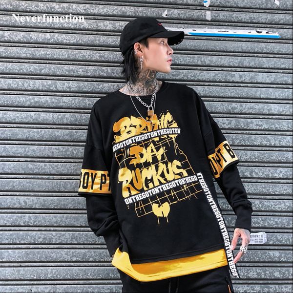 

men streetwear design fake two pieces harajuku cotton oversized sweatshirts hip hop letter ribbon printing casual male pullover, Black
