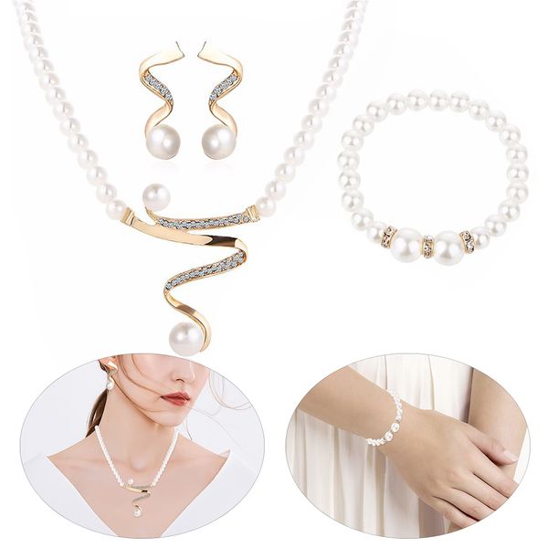 

vintage imitation pearl necklace bracelet earrings jewelry set for women crystal elegant party gift fashion costume jewelry sets, Silver