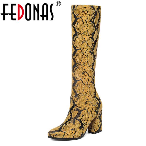 

fedonas warm autumn winter women knee high boots square high heels night club shoes woman animal prints motorcycle boots, Black