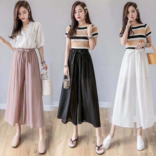 

2019 летняя одежда женские брюки свободное время нежный ветер спадающий шифон удобные элегантные широкие брюки, Black;white