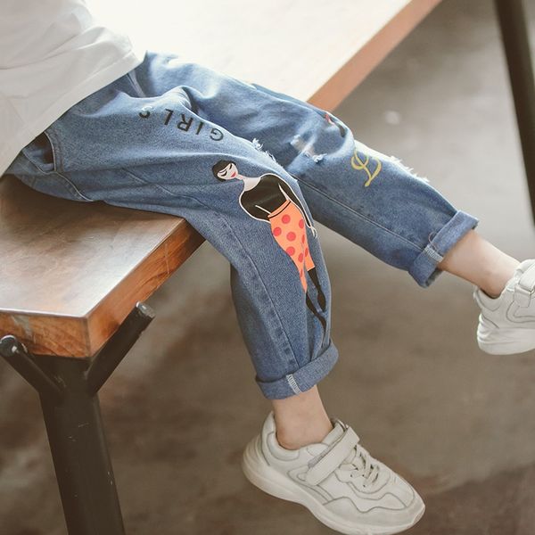 

wear girls' jeans autumn 2020 fashionable women's jeans panty big children's pants loose casual children's autumn pants, Blue
