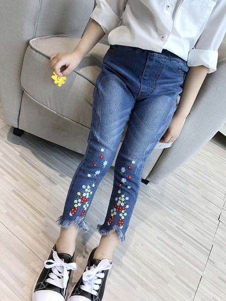 

2017 autumn kids jeans pant girl embroidery fashion denim pant trousers, Blue