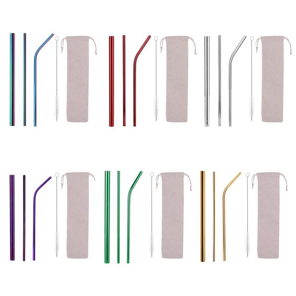 

5pcs reusable stainless steel straw metal drinking straight bent straws silicone cover with cleaner brush bag