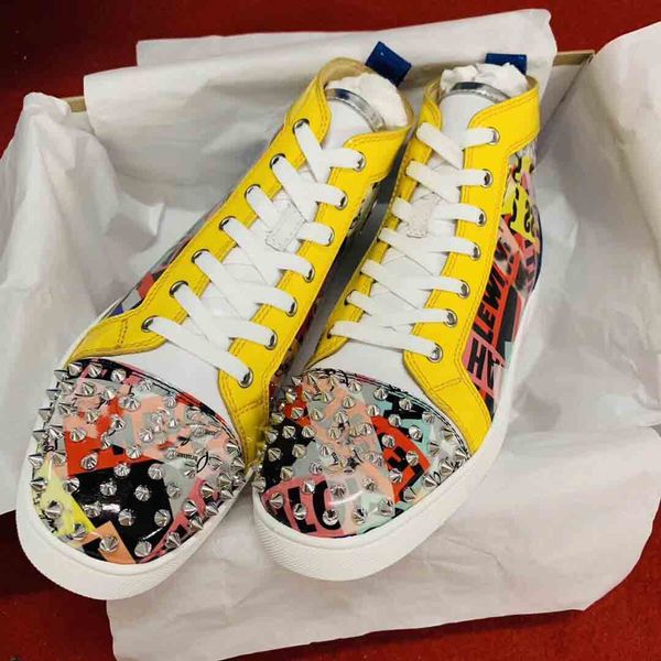 

multicolor patent leather spikes men's red bottom high seavaste 2 flat+brand print with lace-up red sole flat rivets trainers low/ cs02, Black