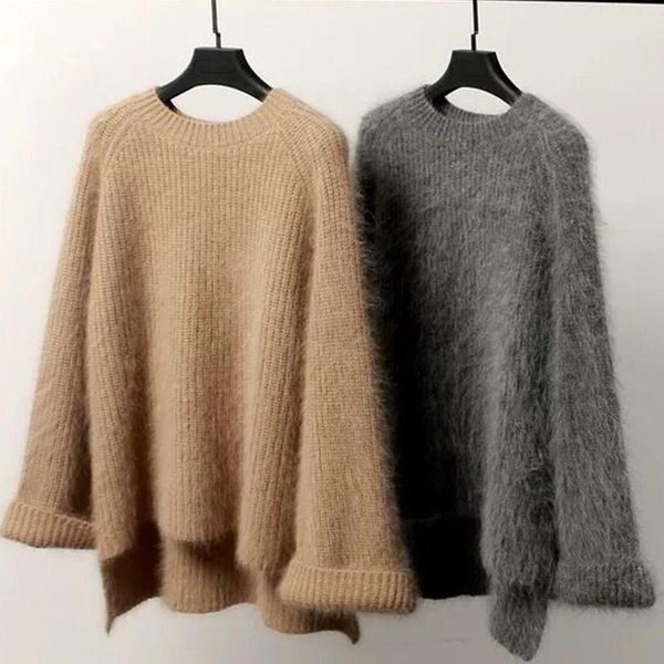 

women mohair knit sweater autumn winter soft imitation velvet pullover o-neck sweaters long sleeve loose women, White;black