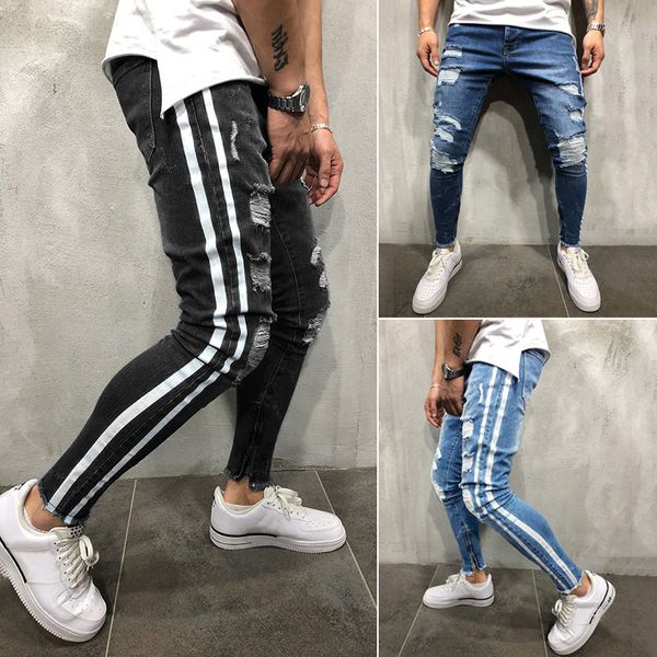 

fashion men skinny jeans frayed jeans ripped pant denim pants slim fit pant casual pants men, Blue