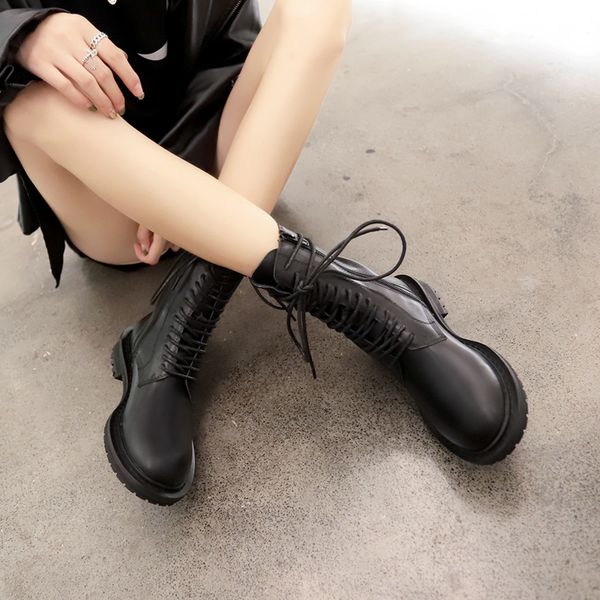 

lace up boots shoes bootee woman 2019 martins for women booties ladies low heels booties luxury designer round toe black mid