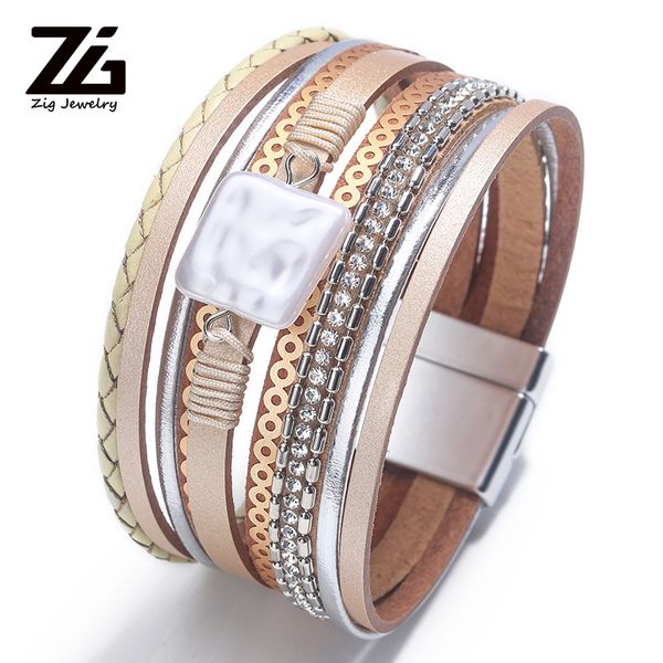 

2020 fashionable square pearl tie rope ladies leather bracelet jewelry designer ladies bracelet multi-layer leather wristband, Golden;silver