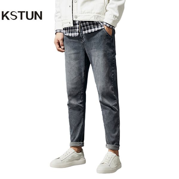 

kstun retro blue jeans men elastic waist drawstring joggers pants relaxed tapered jeans casual denim trousers cowboys homme jean