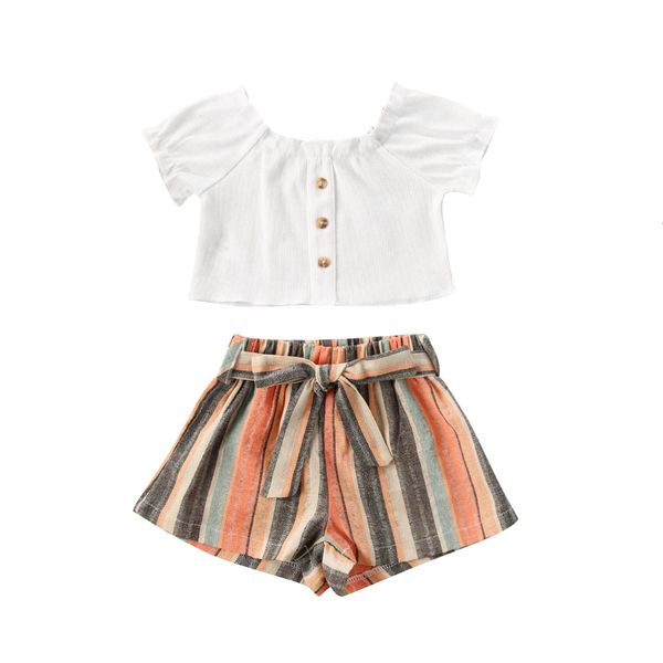 

summer linen baby cotton 2020 clothing 1-6t toddler kid baby girl fly sleeve shirt short pants outfit clothes set 2pcs, White