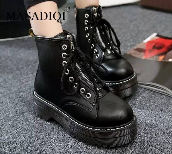 

masadiqi fashion front zipper flat shoes woman high heel platform pu leather boots lace up women shoes ankle boots girls 35-40, Black
