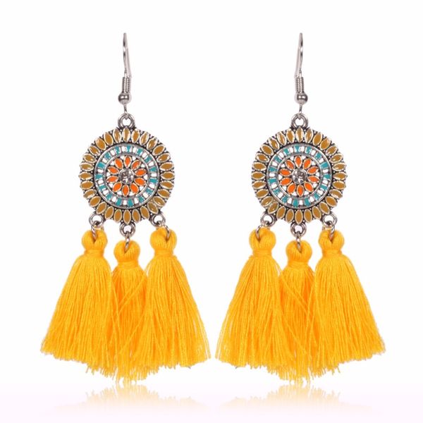 

flower fabric tassel fringed earrings for women dangling bohemian ethnic strass wedding green earring hanging woman bijoux, Golden