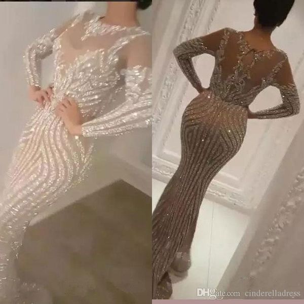

2020 yousef aljasmi reflective prom dresses long sleeve sequins silver mermaid sheer jewel evening wear bead celebrity party gowns, Black;red