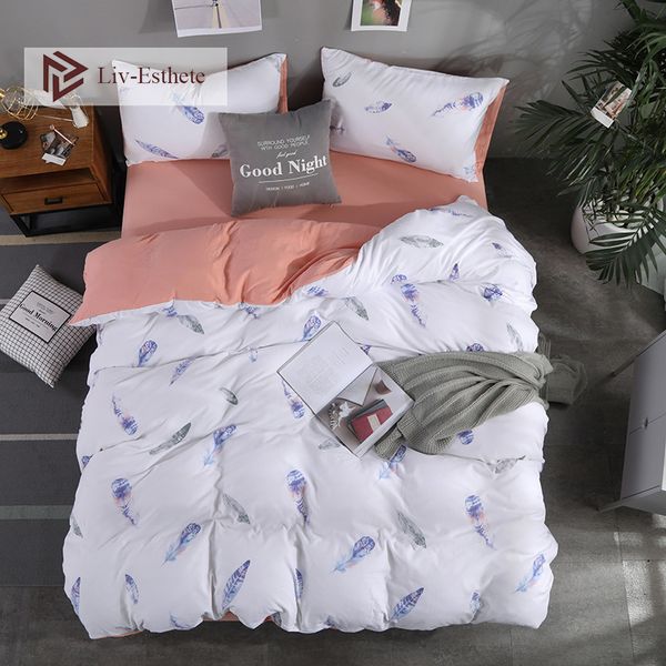 

liv-esthete 2019 new fashion feather bedding set double  king bed linen soft duvet cover flat sheet pillowcase for adult