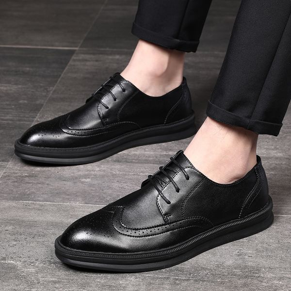 

england style design men luxury fashion genuine leather shoes wedding party dress brogue shoe youth lace-up bullock sneaker male, Black