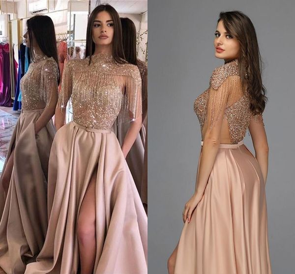 

sparkly rose gold crystal beaded a-line prom dress with tassels luxury high neck split evening gown vintage long formal party dresses, Black