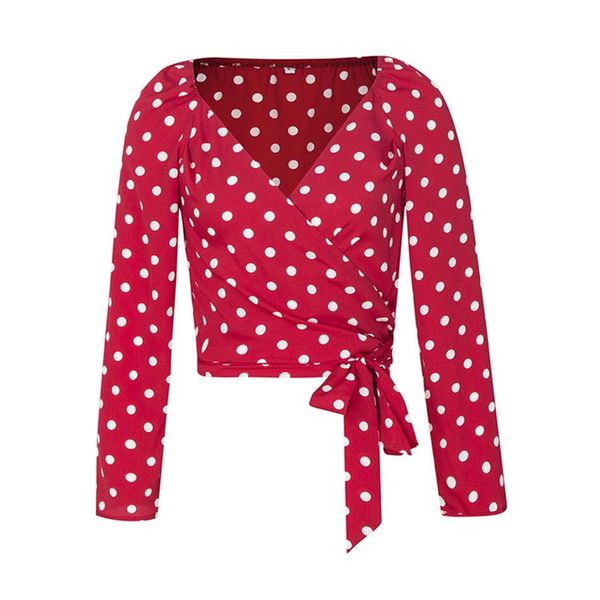 

sexy v шеи wrap полька dot женщины блузка рубашки с длинным рукавом летние casual boho бич лук рубашки 2019 blusa nz19.9-266, White