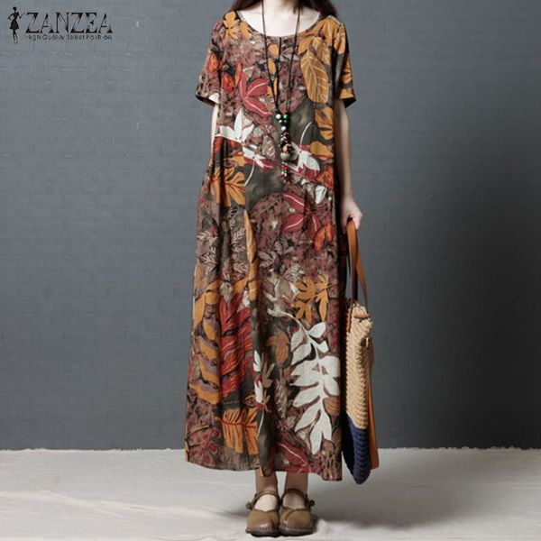 

zanzea women summer o neck short sleeve vintage floral printed cotton linen dress beach vestido casual bohemian maxi long dress, Black;pink
