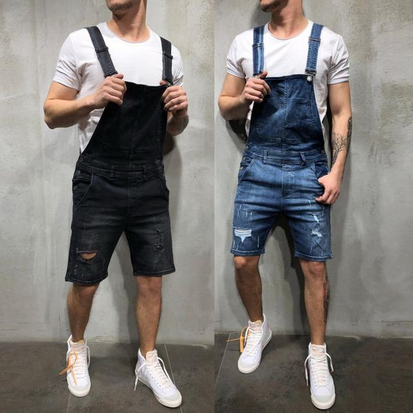 

2019 new fashion men's ripped jeans jumpsuits shorts summer street distressed denim bib overalls for man suspender pants, Blue