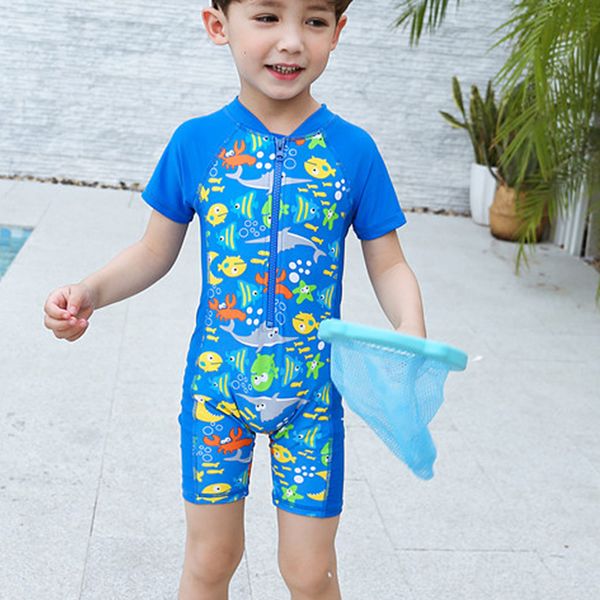 

new 1-14y boy swimwear baby short sleeve one piece swimsuit blue fish toddler boy swim suits kids bodysuit children bathing suit