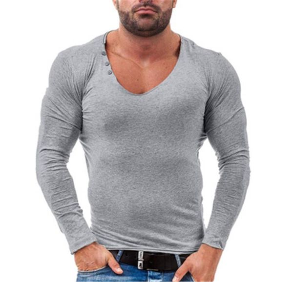 

designer men tshirt long sleeve summer new slim thin v neck skinny solid color fashion man sports bottoming tees shirt clothing, Black
