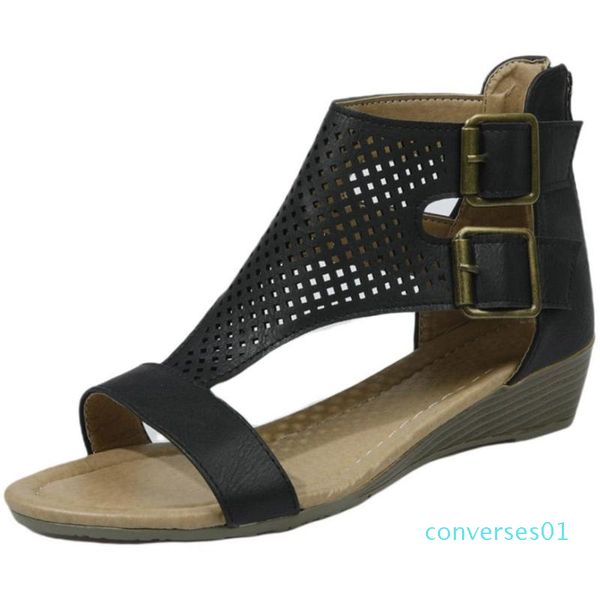 

ribetrini new ladies hollow wedges gladiator shoes elegant retro low heel women sandals 2020 casual summer sandals co01, Black