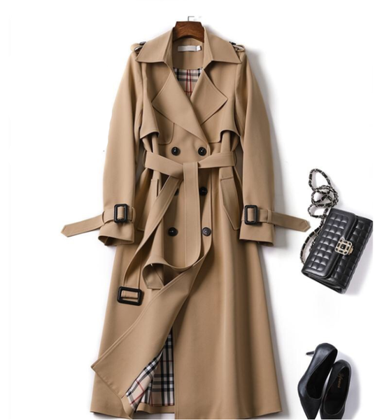 

fanan-n013 cross-border net red 2020 women's mid-length windbreaker british style over-the-knee coat windbreaker jacket, Tan;black