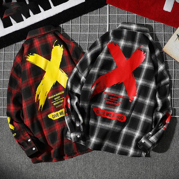 

japanese retro printing long-sleeved shirt male tide brand loose hip hop street europe and america large size shirt clothes 60cs, White;black
