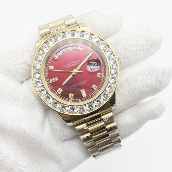 

2020 mens watch 18k gold day date big diamond bezel roma number red dial stainless steel automatic mechanical movement mens watches, Slivery;brown