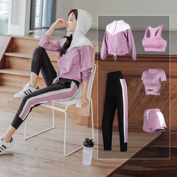 

ports running women loose 5 piece set quick dry coats+bra+tshirt+shorts+pants fitness gym outdoor suit clothing, White;black