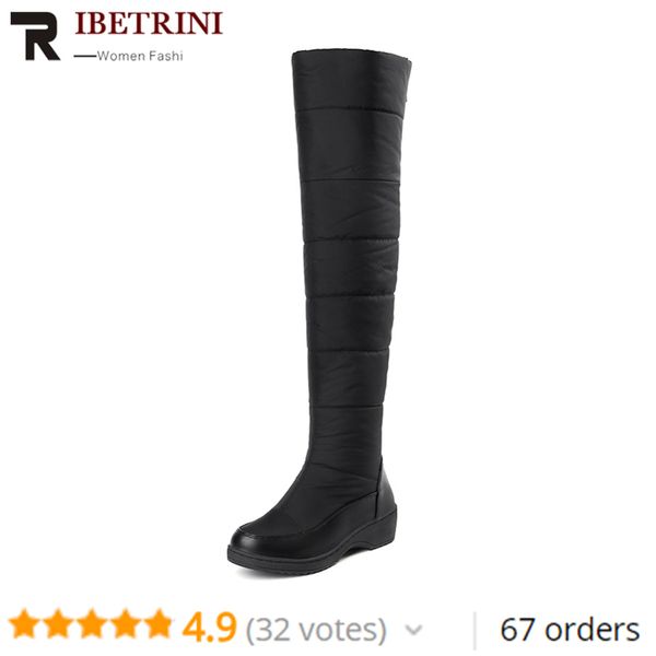 

ribetrini women over knee high boots rubber sole platform winter fur shoes woman waterproof booties large size 35-44, Black