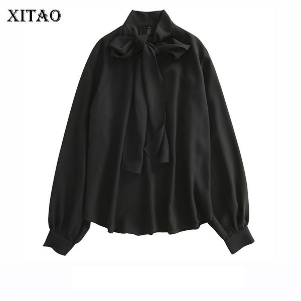 

xitao] women korea fahsion spring summer new casual full sleeve solid color bandage bow loose chiffon pullover shirt lyh2783, White