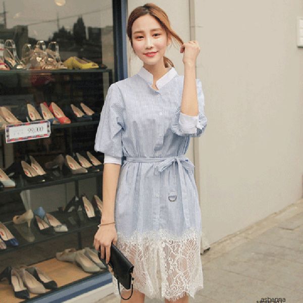 

womens designer lace summer small fresh stand collar stitching half sleeve striped dressv622h, Black;gray