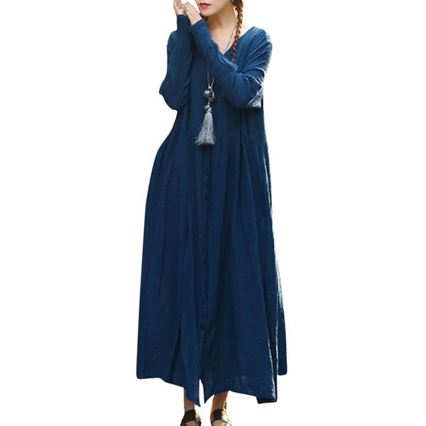 

5xl plus size womens clothing vintage casual loose long dress cotton v neck long sleeve fall dress button solid boho 2019, Black;gray