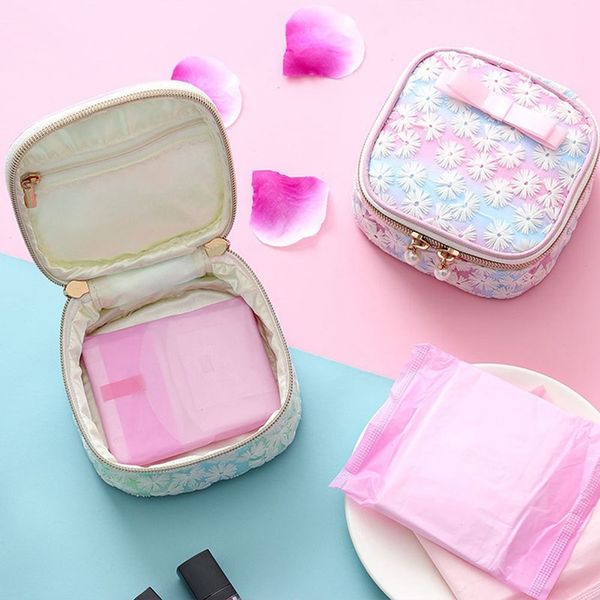 

girl heart cute mesh embroidery sanitary napkin coin earrings headset multi-function storage bag organizer
