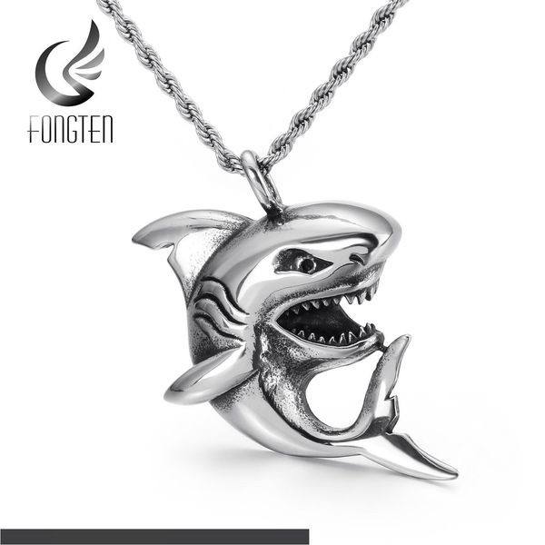 

fongten hip hop shark pendat necklace men silver stainless steel chain animal necklaces mens jewelry