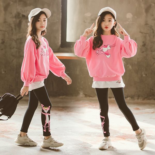 

девочки-подростки, одежда детская одежда набор две части мультфильм хлопок толстовка + брюки tight леггинсы kid девушки осенняя одежда, Black