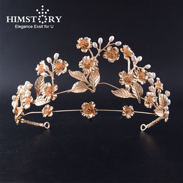 

himstory vintage baroque wedding hair accessories flower crown and tiara bridal tiara gold leaf hair jewelry bride crown, Golden;white