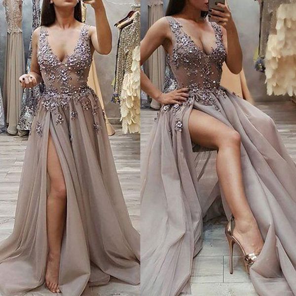 

2019 deep v-neck a-line evening dress shining sequins floor length prom dress custom made side split formal party dress, Black;red
