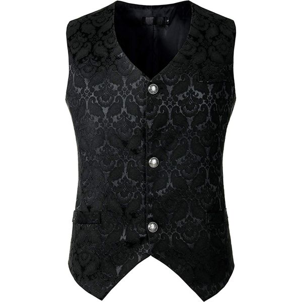 

black jacquard single breasted vest men 2019 fashion gothic steampunk victorian brocade waistcoat men stage cosplay prom costume, Black;white