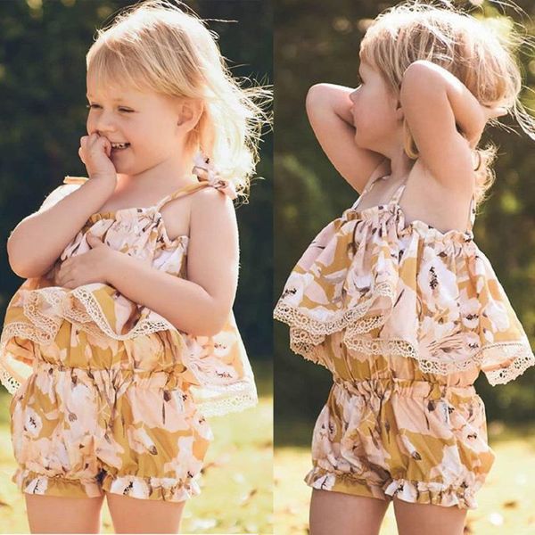 

pudcoco girl suit 1y-7y us summer toddler baby girl floral ruffle strap shorts 2pcs outfits clothes, White