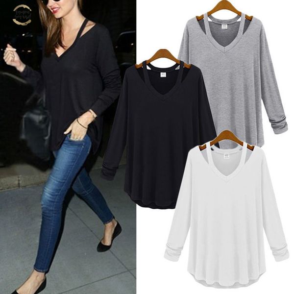 

plus size 2015 women casual shirt v neck off shoulder cotton long sleeve tee shirts fashion blouse chemise femme c14, White