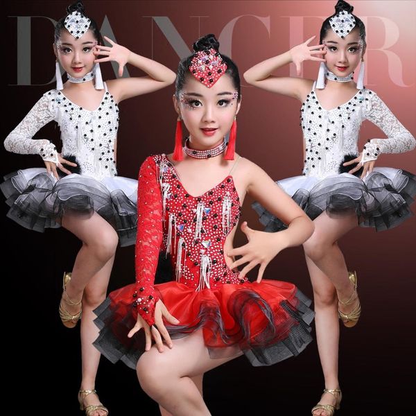 

latin flamenco ballroom dance competition dresses for girls sequin salsa rumba tango samba cha cha dress kids children costumes, Black;red